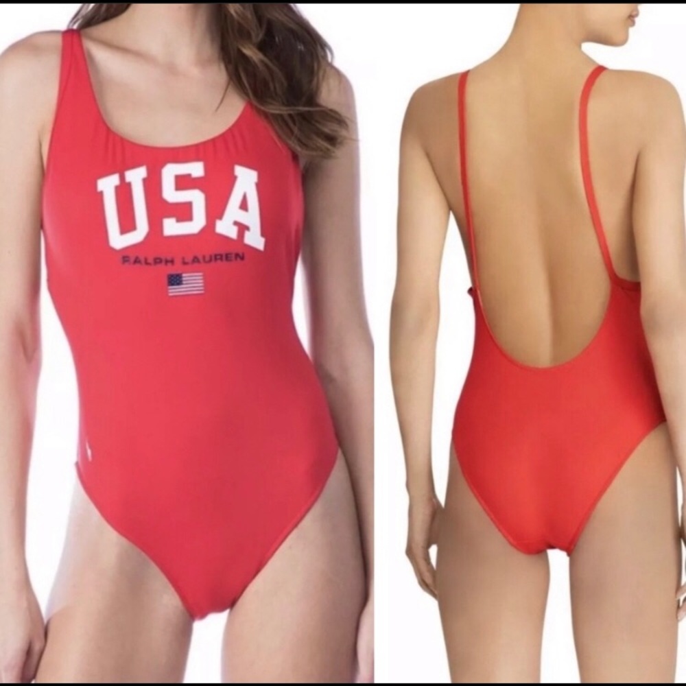 RALPH LAUREN Red Polo USA Flag One Piece Swimsuit